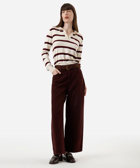 calça wide leg cropped feminina de sarja cintura alta vinho