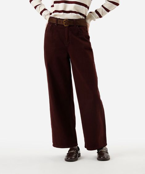 calça wide leg cropped feminina de sarja cintura alta vinho