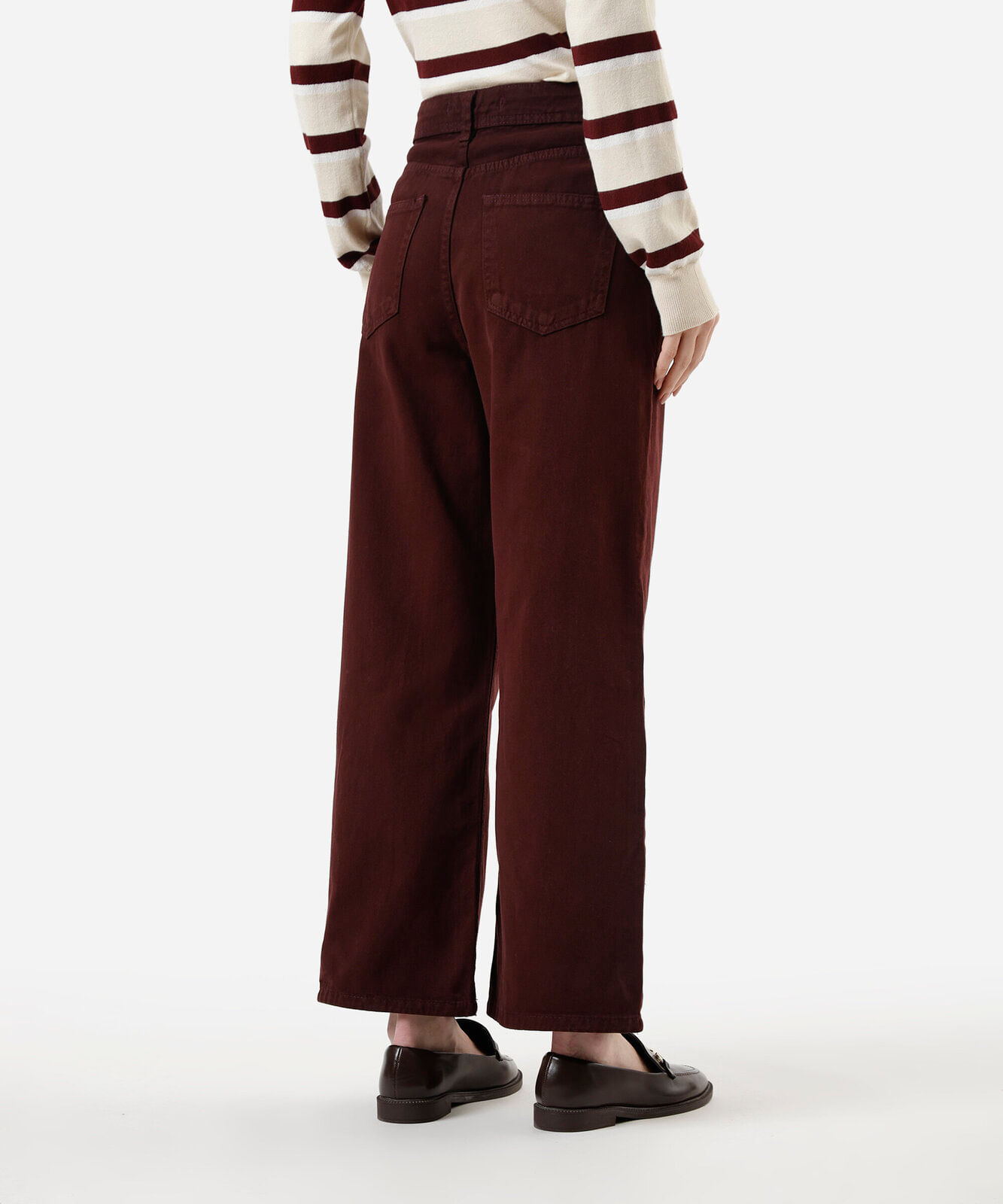 calça wide leg cropped feminina de sarja cintura alta vinho