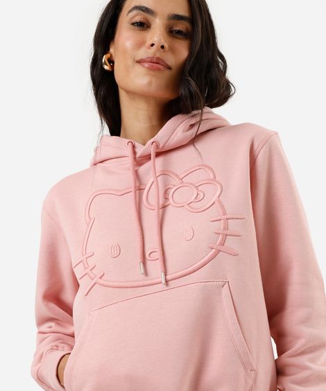 blusão feminino de moletom com capuz bordado hello kitty rosa