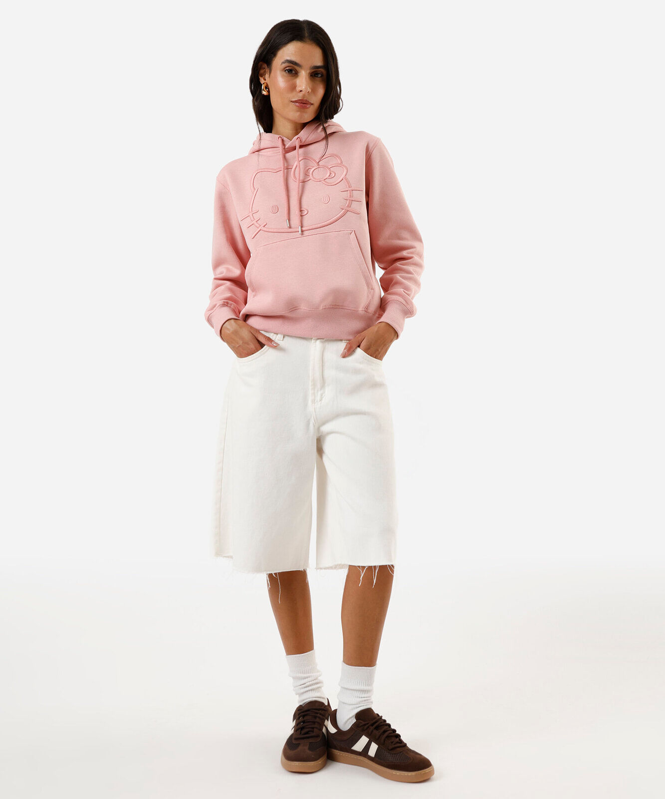 blusão feminino de moletom com capuz bordado hello kitty rosa