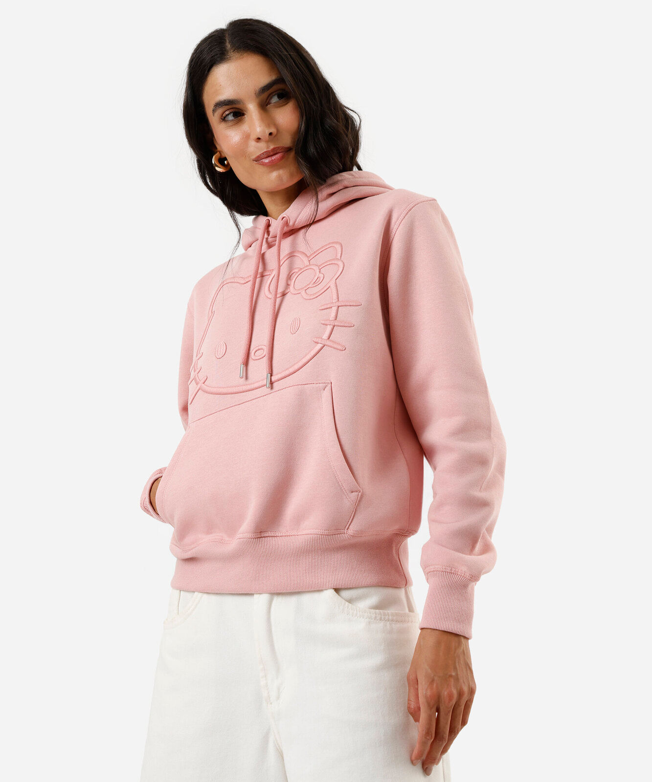 blusão feminino de moletom com capuz bordado hello kitty rosa