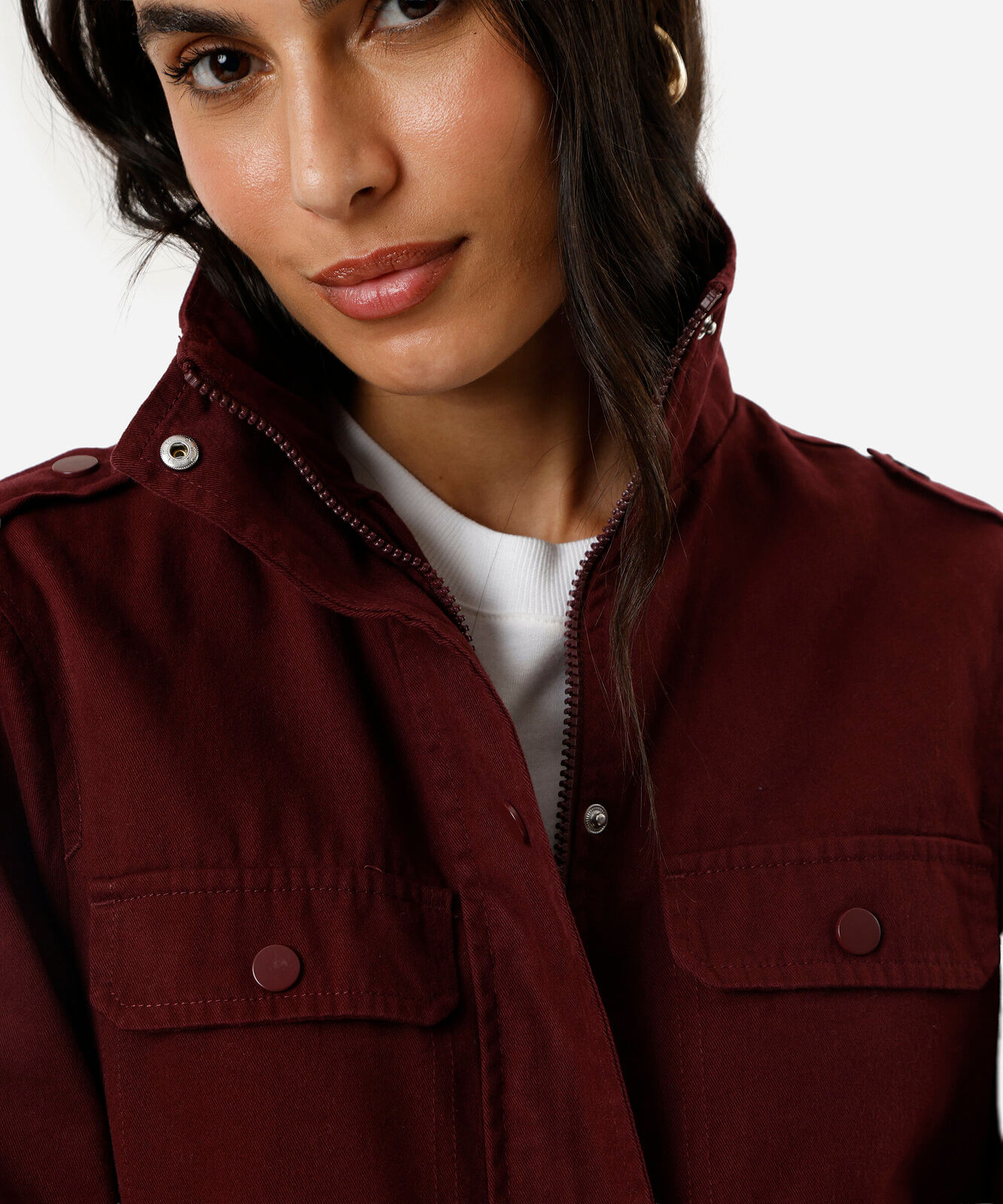 jaqueta parka feminina de sarja com bolsos vinho