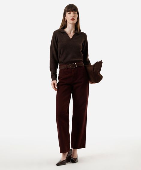 calça wide leg slim feminina de sarja vinho