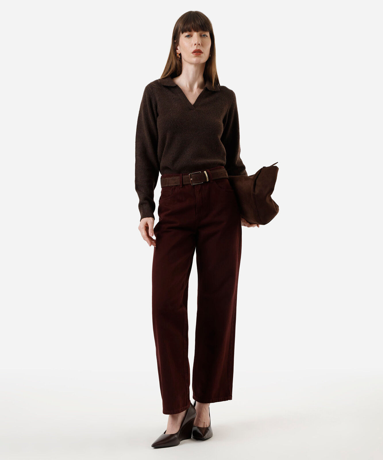 calça wide leg slim feminina de sarja vinho