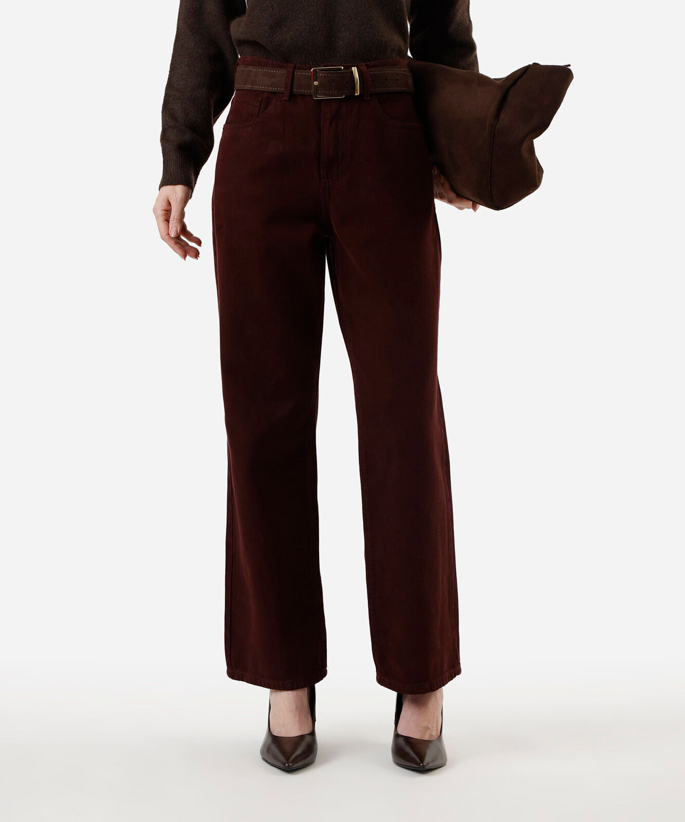 calça wide leg slim feminina de sarja vinho