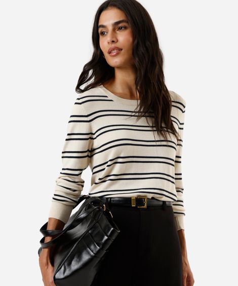 suéter feminino em tricot listrado bege