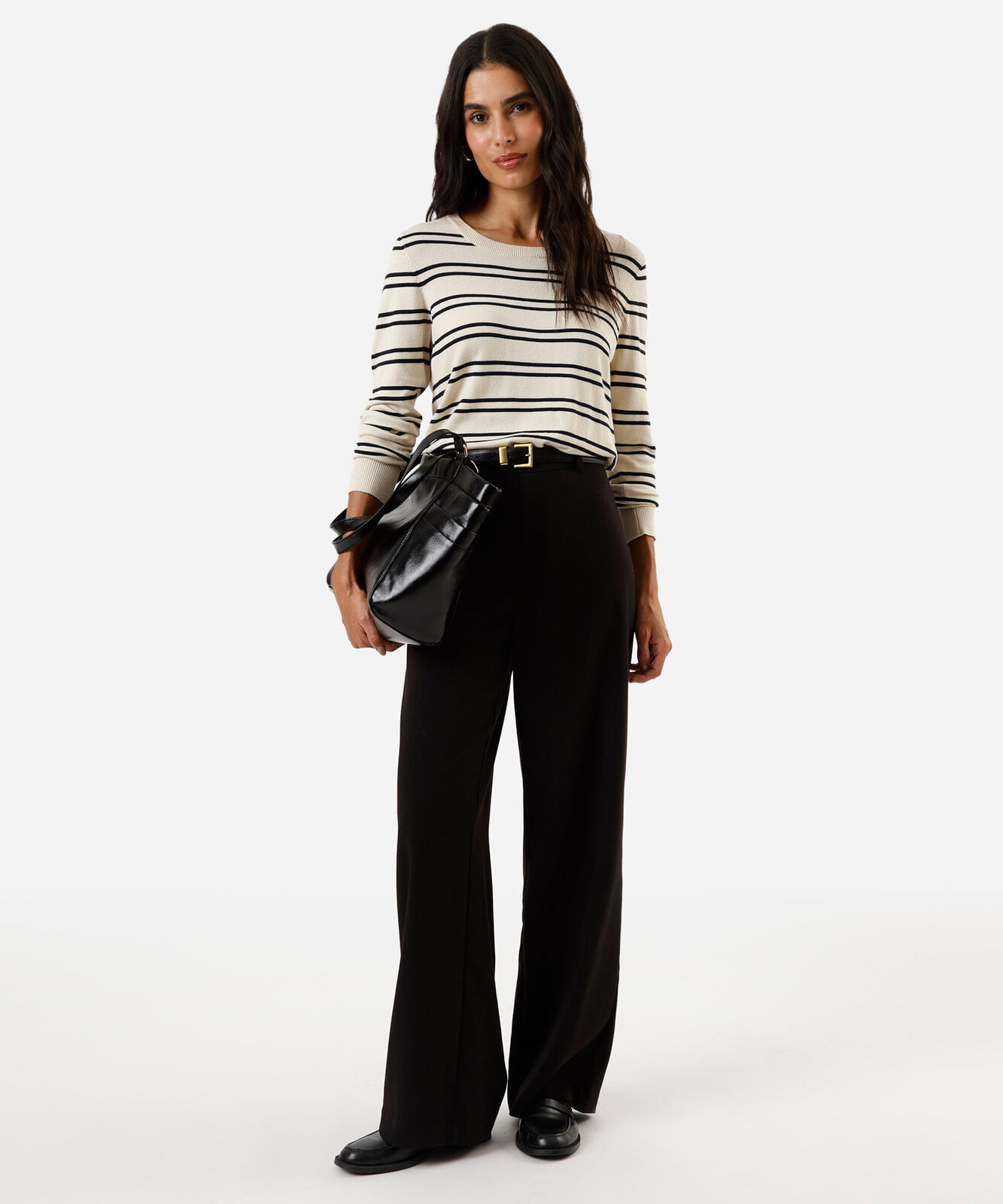 suéter feminino em tricot listrado bege