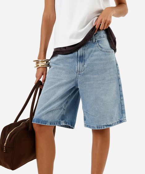 bermuda jeans feminina relaxed cintura média azul