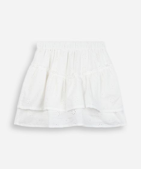 saia infantil curta com pala e babados em laise off white