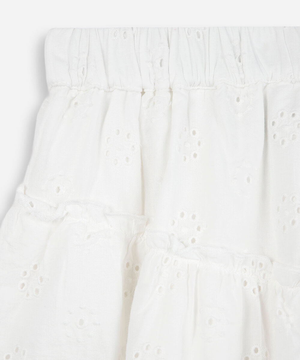 saia infantil curta com pala e babados em laise off white