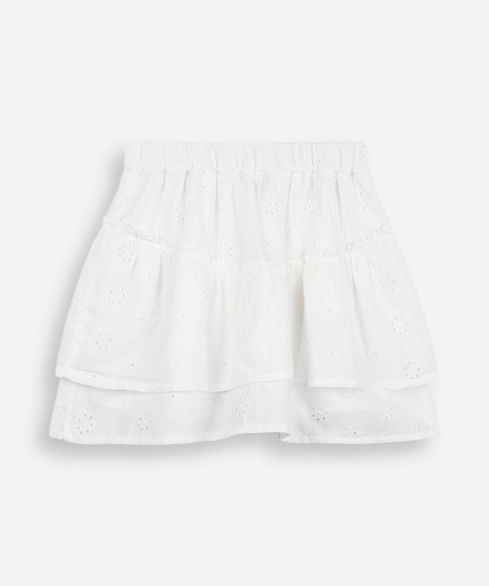 saia infantil curta com pala e babados em laise off white
