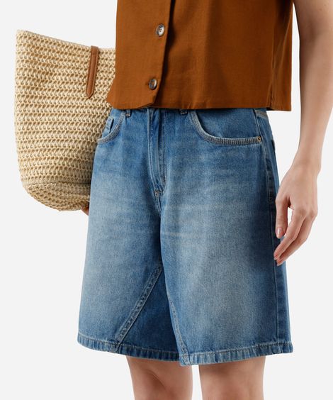 bermuda feminina jeans com recorte cintura alta azul