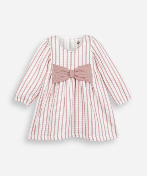 vestido infantil de laço manga longa listrado rosa
