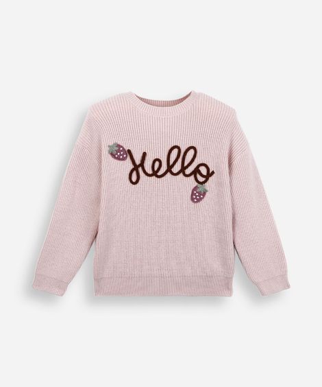 blusão infantil de tricot bordado rosa
