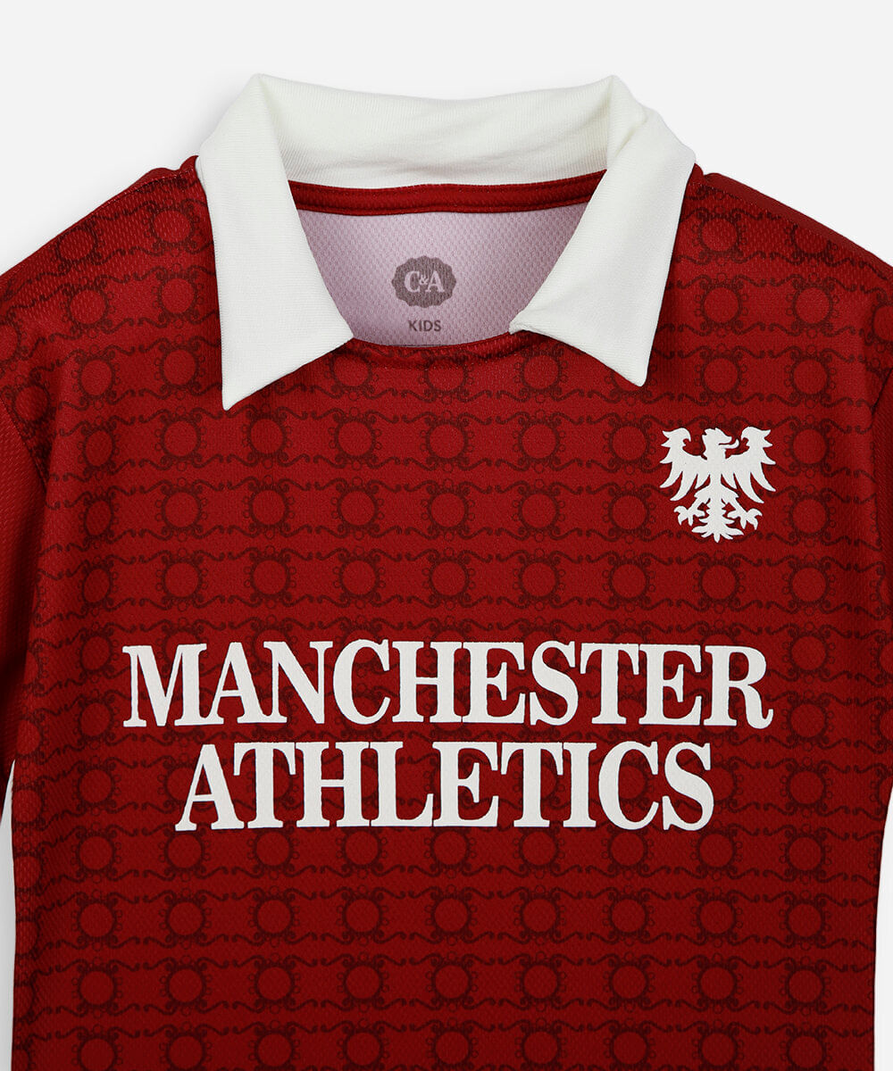 camiseta infantil esportiva manchester athletics vermelha