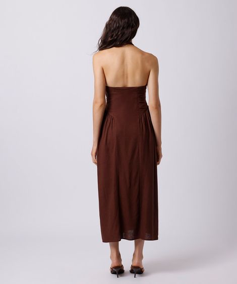 vestido midi frente única feminino com linho e franzido mindset marrom