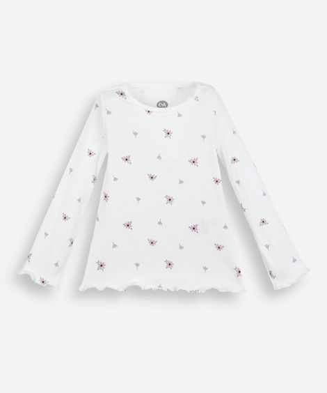 blusa infantil de algodão manga longa floral off white