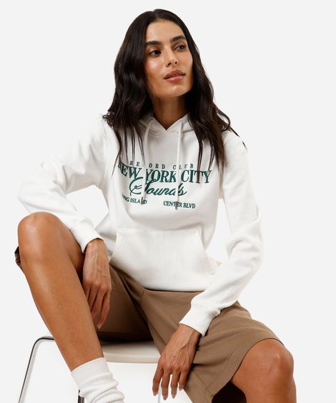 blusão básico feminino de moletom com capuz e bordado off white