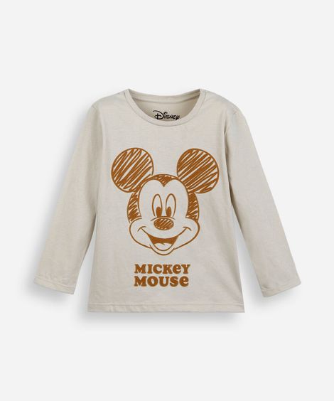 blusa infantil de algodão manga longa mickey bege