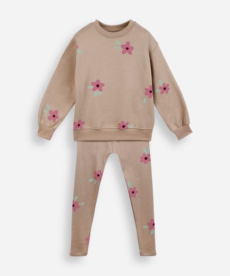 conjunto infantil de moletom floral bege