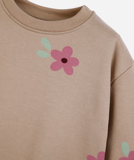 conjunto infantil de moletom floral bege