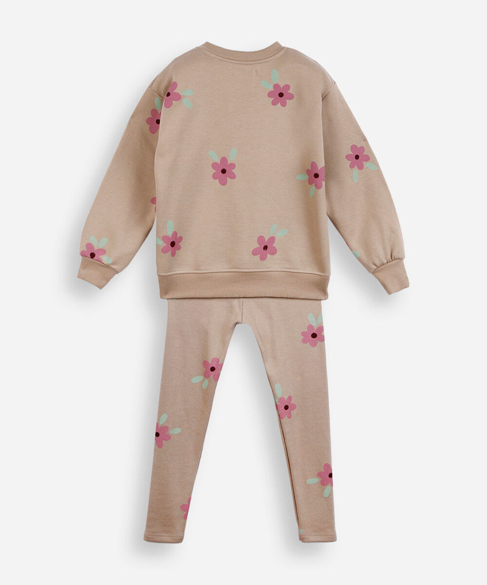 conjunto infantil de moletom floral bege
