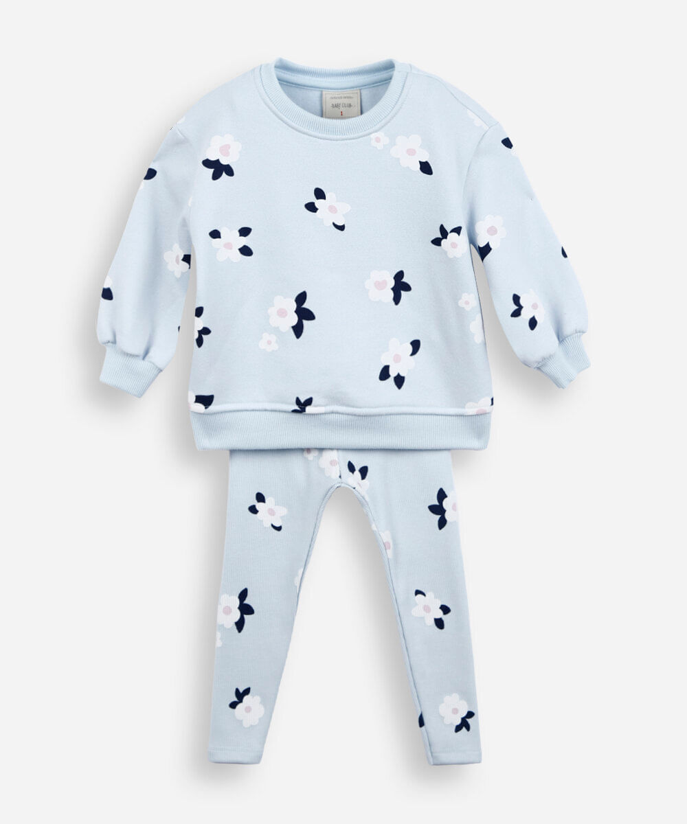 conjunto infantil de moletom floral azul
