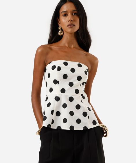 blusa peplum feminina sem alça poá off white