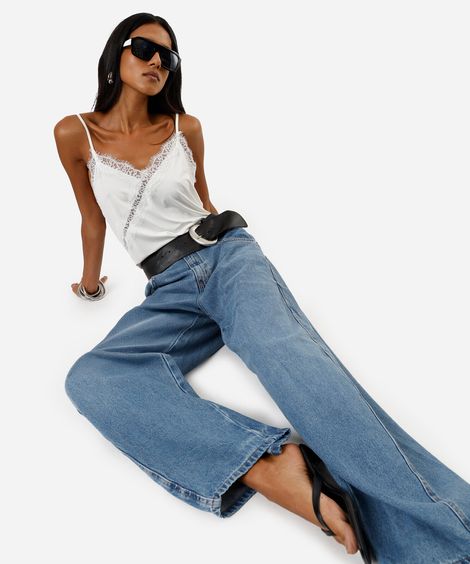 calça oversized feminina jeans cintura média azul