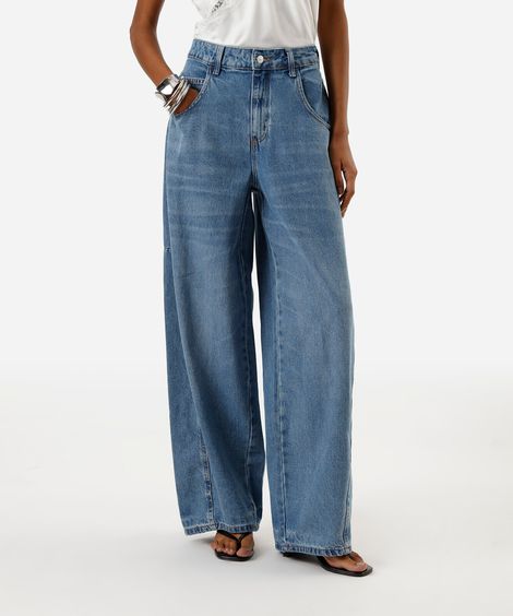 calça oversized feminina jeans cintura média azul