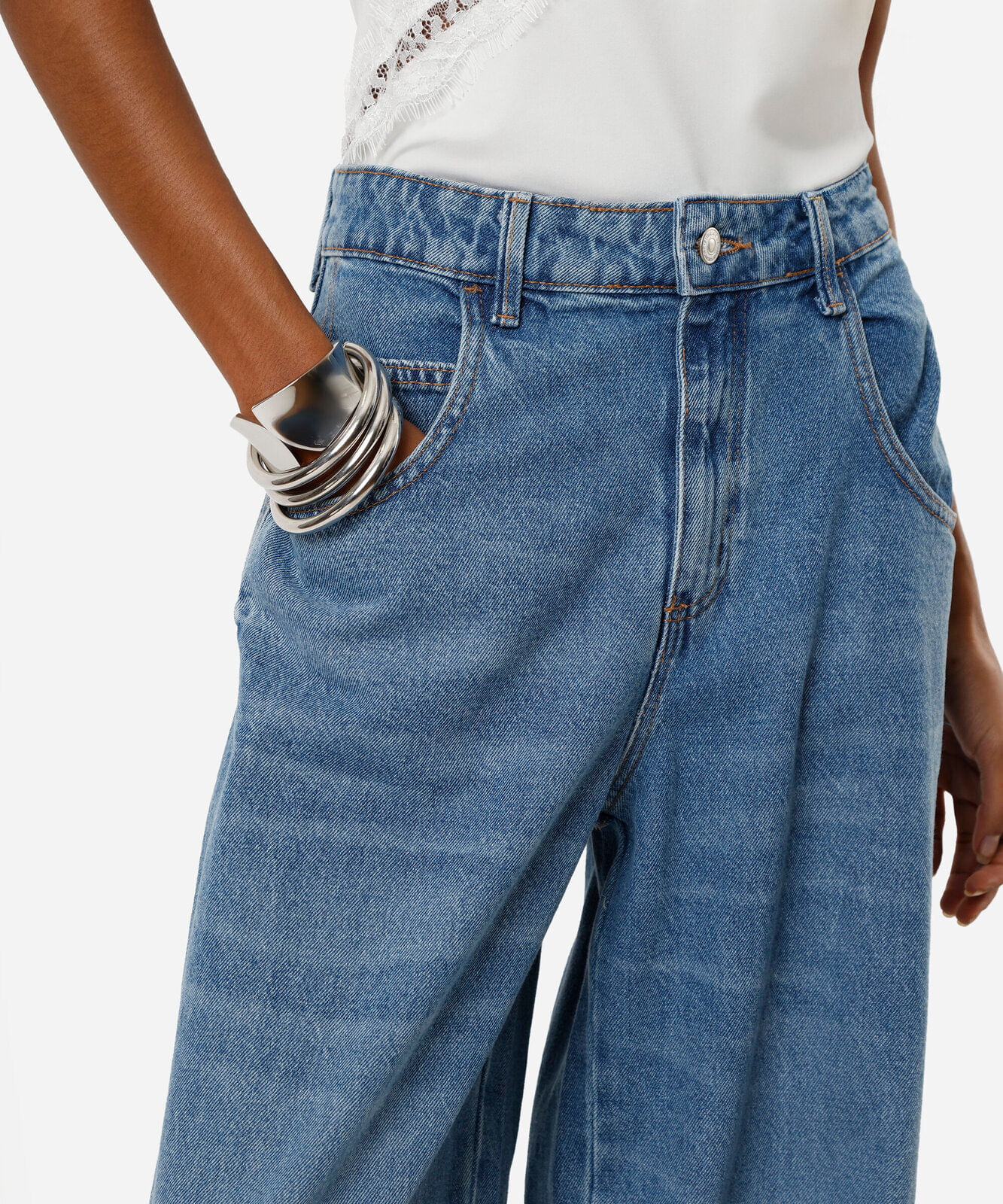 calça oversized feminina jeans cintura média azul
