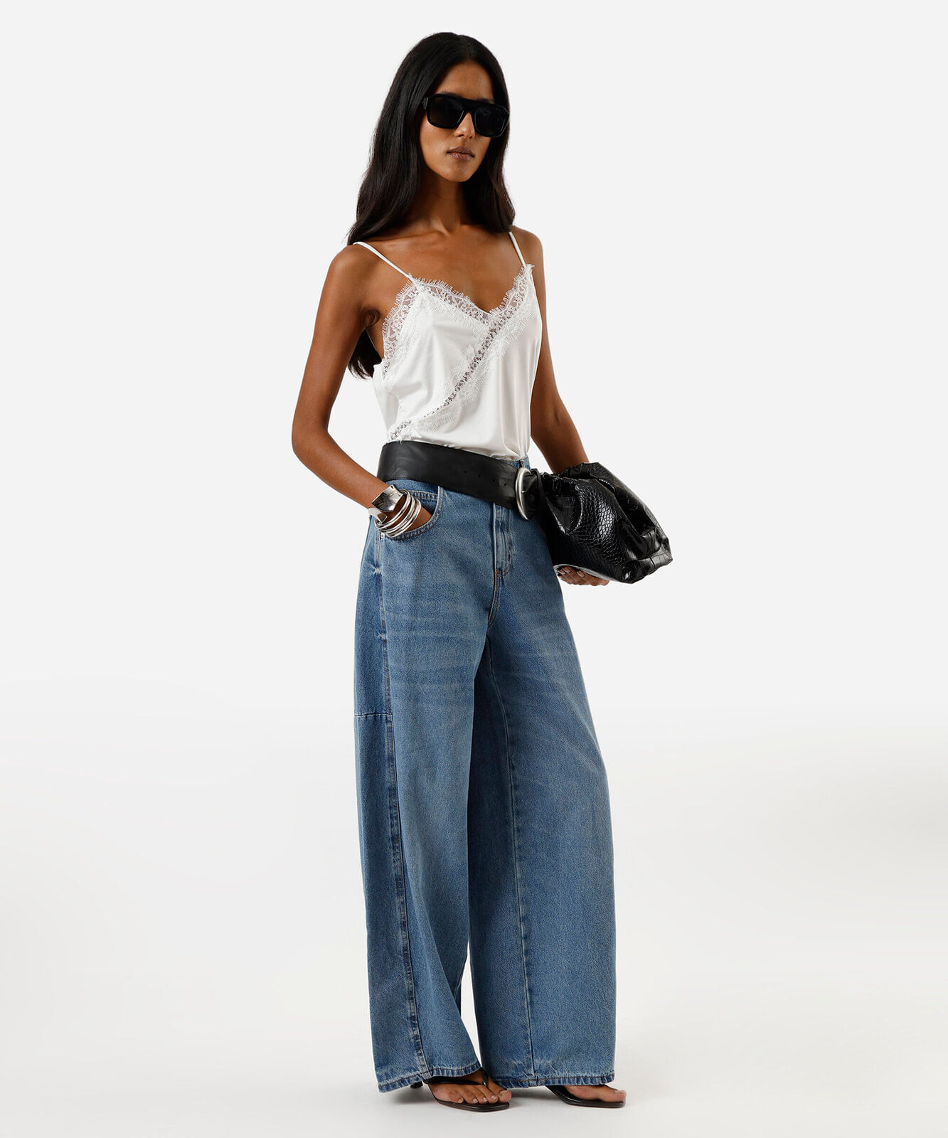 calça oversized feminina jeans cintura média azul