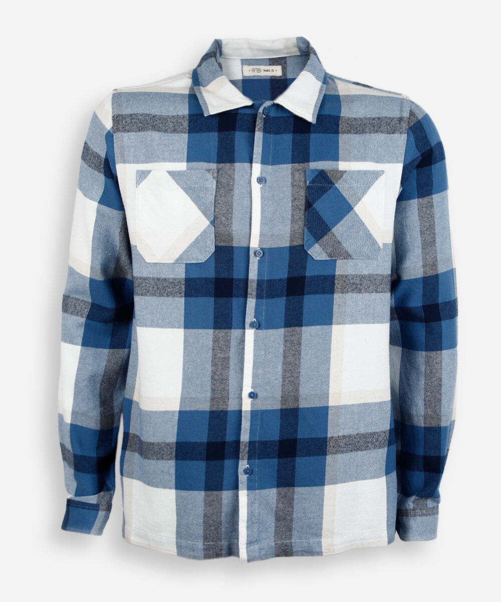 camisa oversized juvenil de algodão manga longa xadrez off white