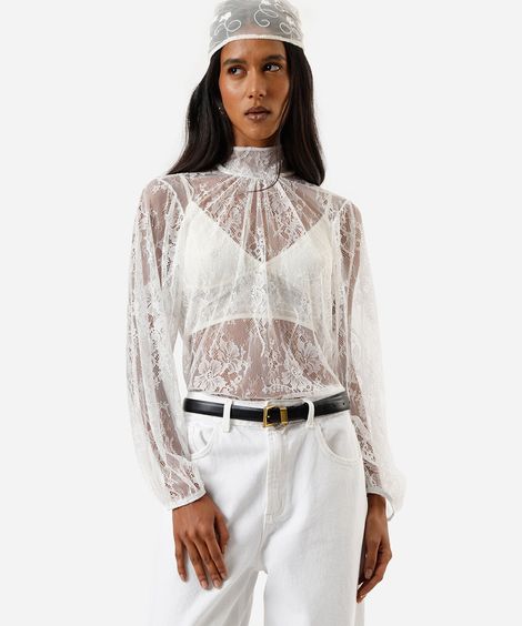 bata feminina de renda com gola laço floral off white