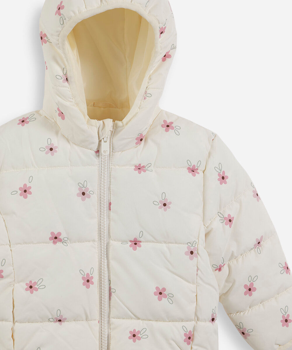 jaqueta puffer infantil com capuz floral off white