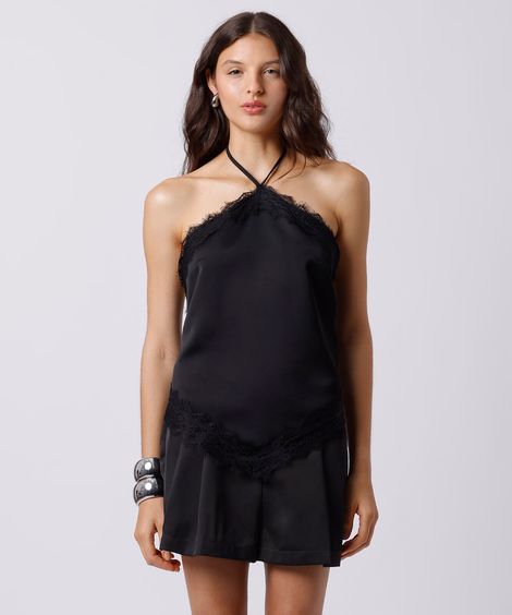 blusa frente única feminina com renda acetinada mindset preta