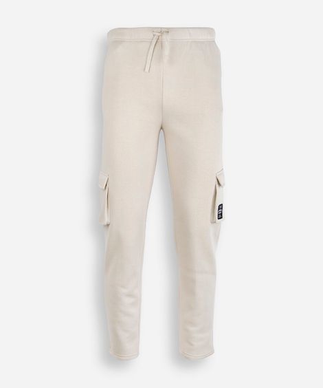 calça juvenil jogger de moletom com bolso cargo bege