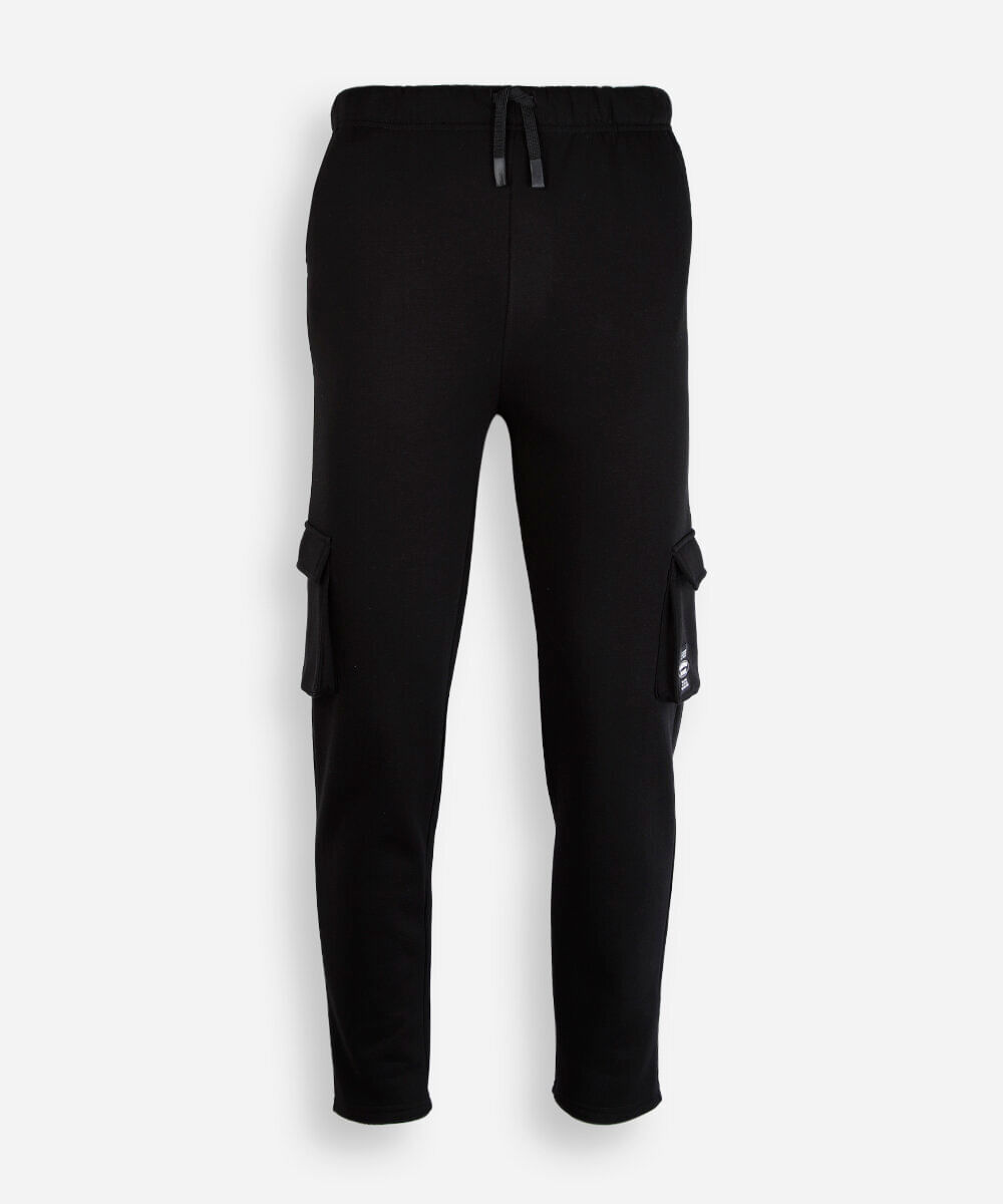 calça juvenil jogger de moletom com bolso cargo preta