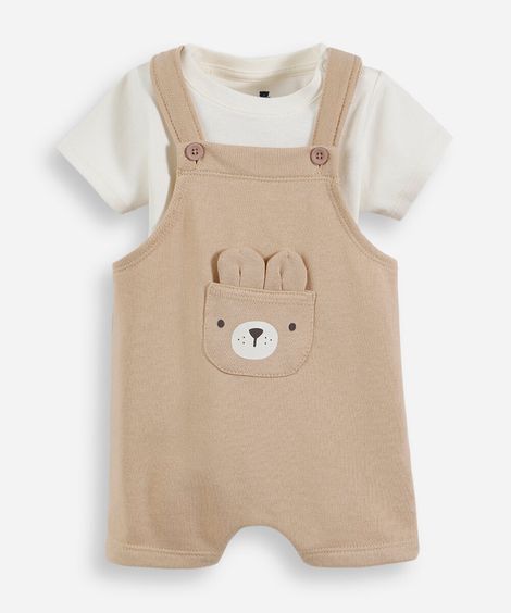 jardineira infantil com algodão urso bege