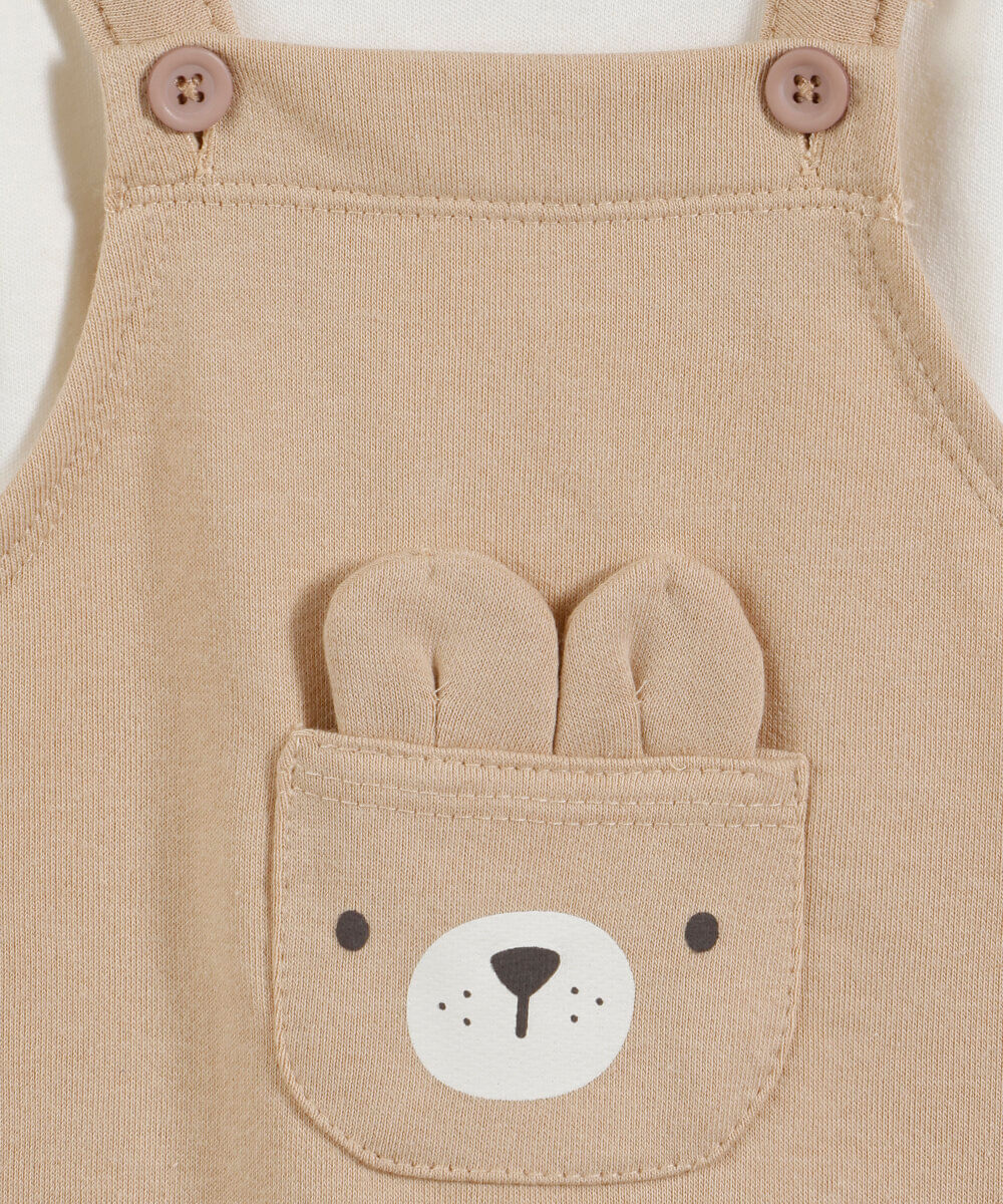 jardineira infantil com algodão urso bege