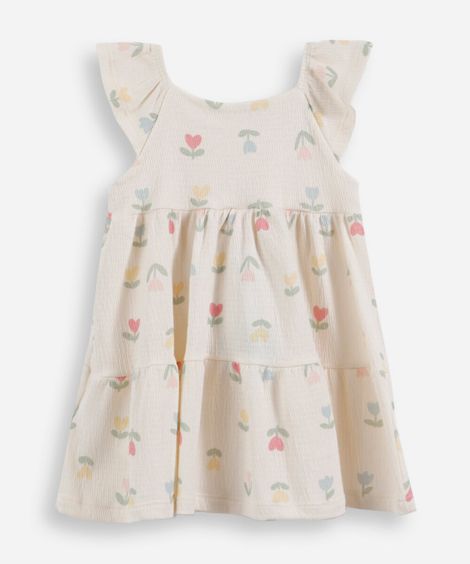 vestido infantil com algodão e recortes floral off white