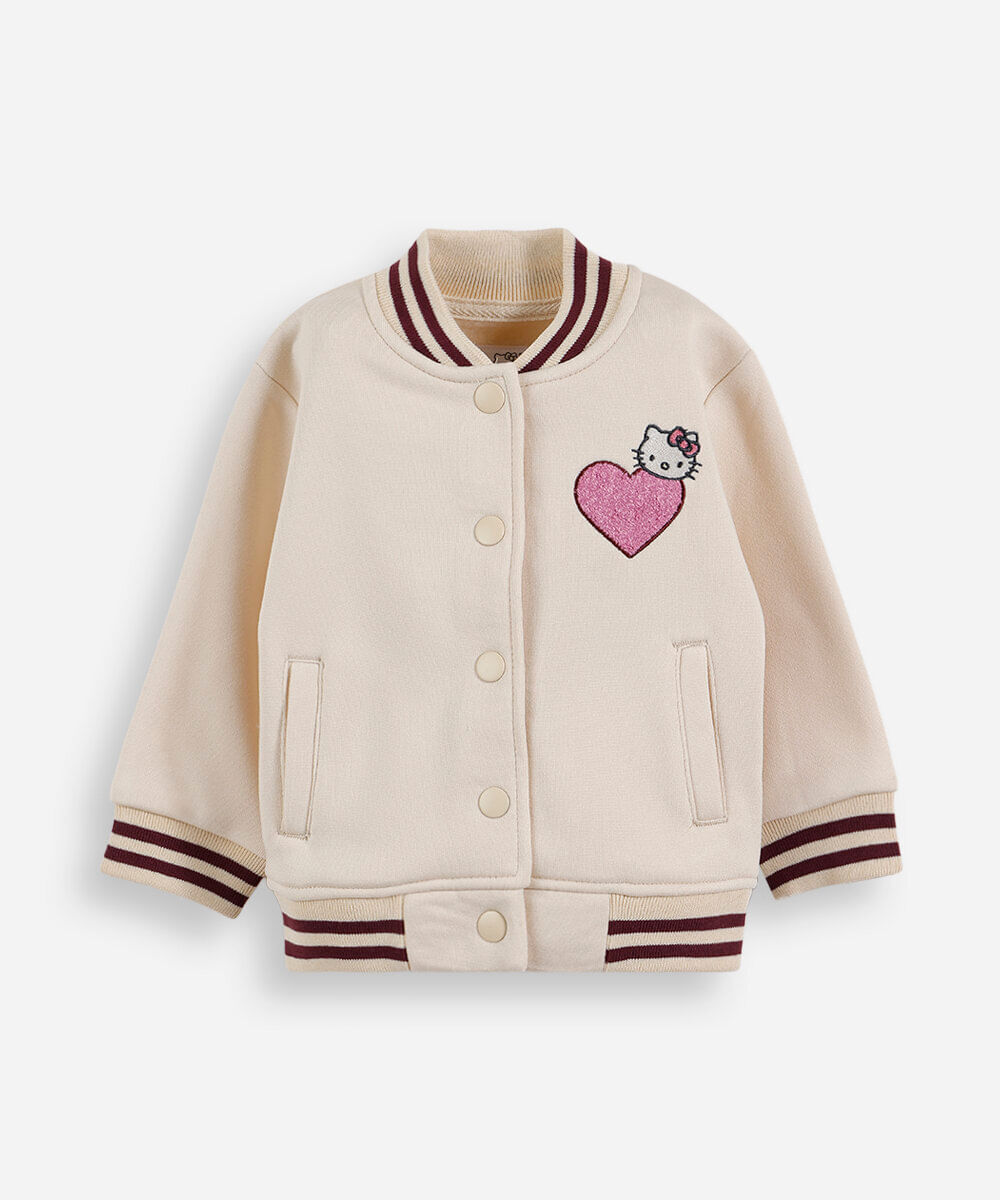 jaqueta bomber college infantil de moletom hello kitty bege
