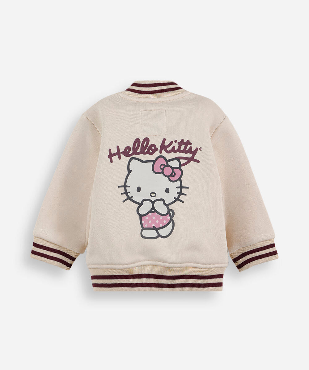 jaqueta bomber college infantil de moletom hello kitty bege