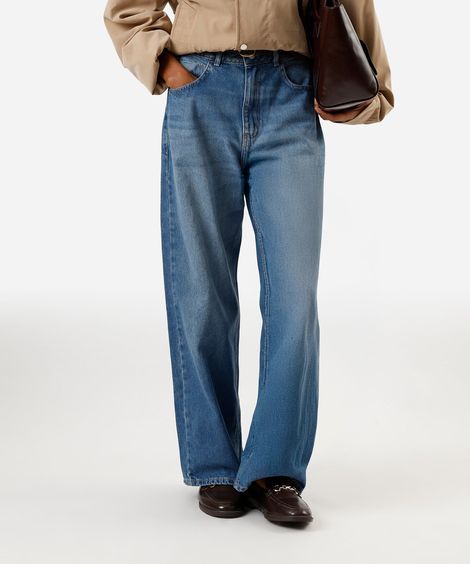 calça oversized feminina jeans cintura média azul