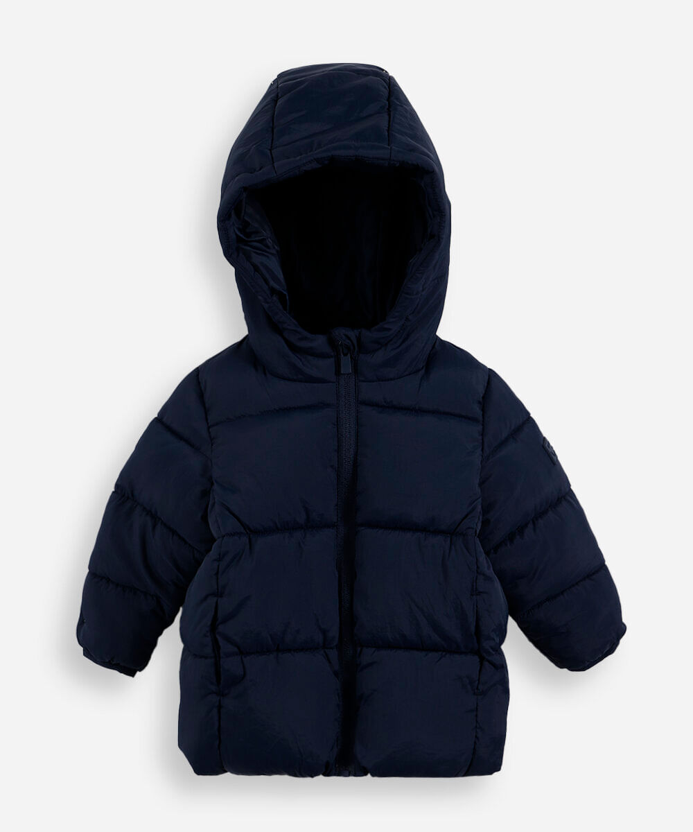 jaqueta puffer infantil com capuz azul