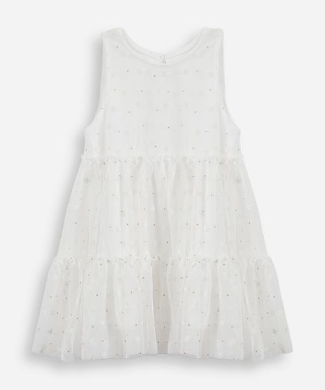 vestido infantil cavado de tule florzinhas off white