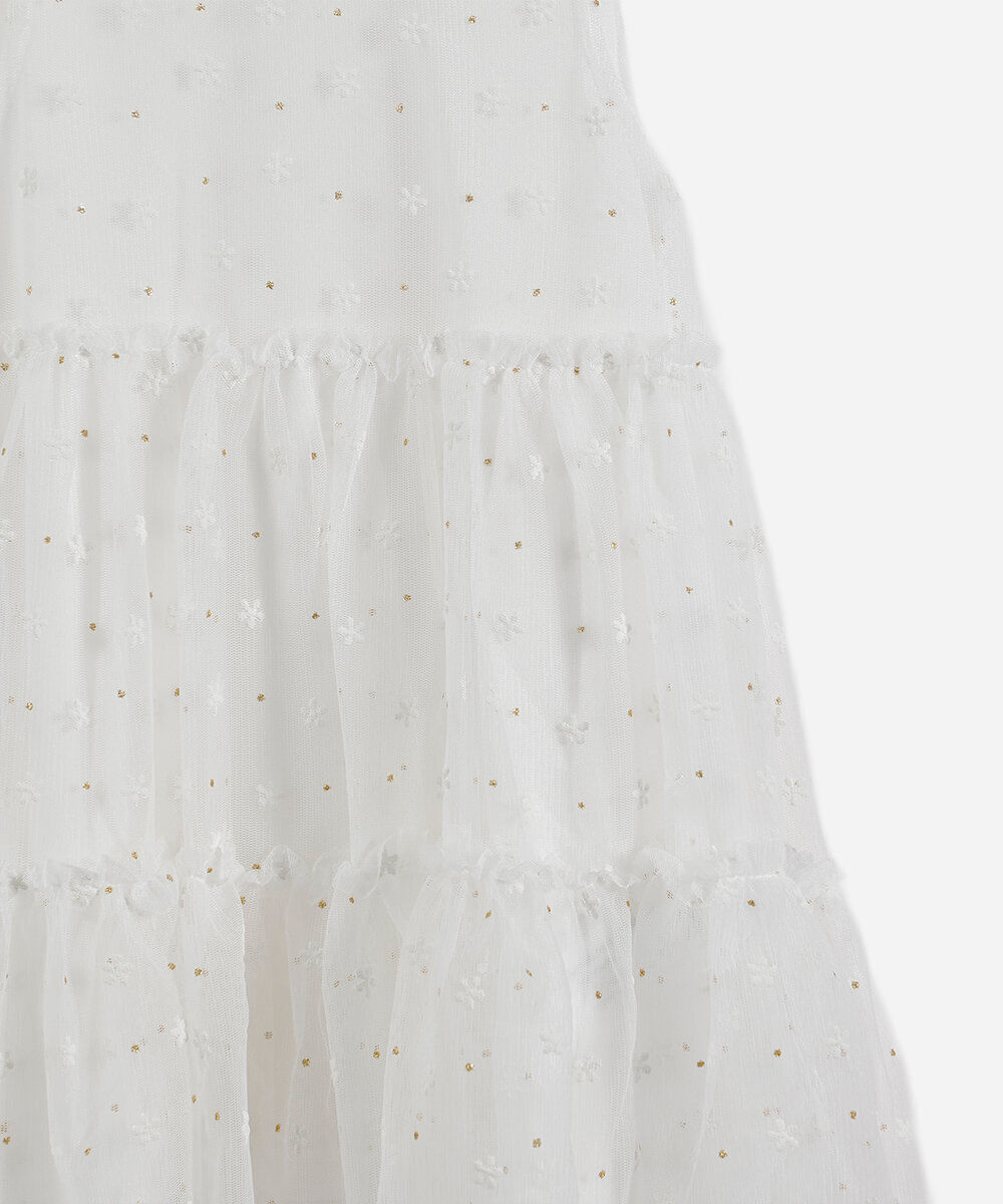 vestido infantil cavado de tule florzinhas off white