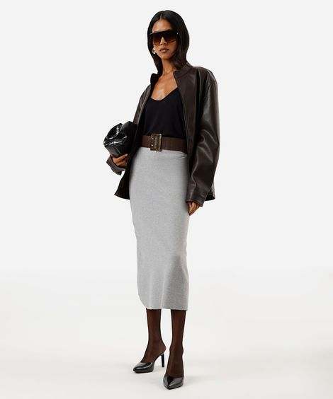 saia midi de tricot canelada cinza