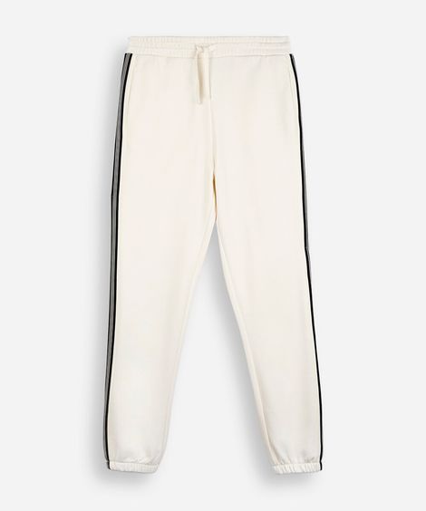 calça juvenil jogger de moletom com listra lateral bege